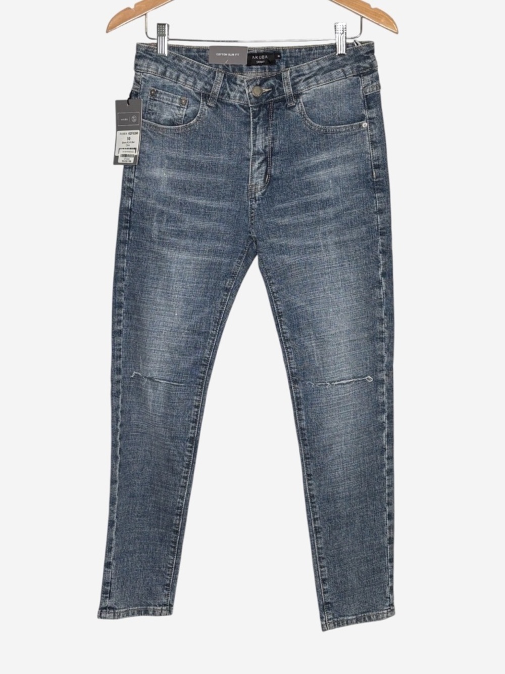 NWT Akuba Slim Fit Skinny Jeans Faded Blue Distressed Whiskered Denim • Size 30